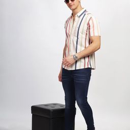 BULLMER Straight Spread Collar Cotton Striped Curved Casual Shirt-image-50