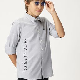 Nautica Boys Button Down Collar Roll-Up Sleeves Premium Cotton Striped Casual Shirt-11