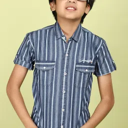 V-Mart Boys Vertical Striped Spread Collar Roll Up Sleeves Cotton Casual Shirt-image-56