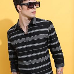 HIGHLANDER Black Slim Fit Horizontal Striped Casual Shirt-image-41