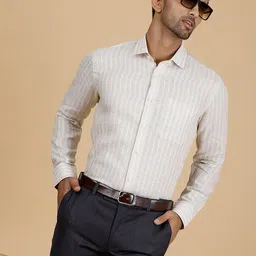 JADE BLUE Linen Striped Formal Shirt-image-65