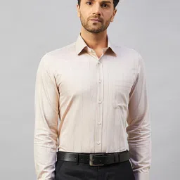 LOUIS STITCH Brown Comfort Vertical Striped Cotton Formal Shirt-image-1
