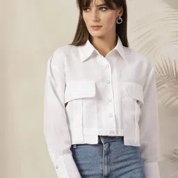 plusS Women Solid Pockets Crop Casual Shirt-picture-55