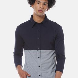 Campus Sutra Navy Blue Colourblocked Classic Spread Collar Cotton Casual Shirt-image-82