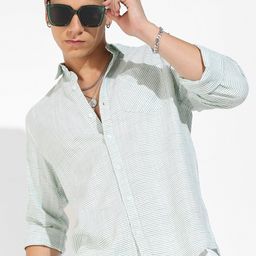 Campus Sutra White & Green Classic Striped Cotton Casual Shirt-image-82