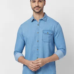 SNX Tailored Fit Denim Weave Cotton Casual Shirt-image-27