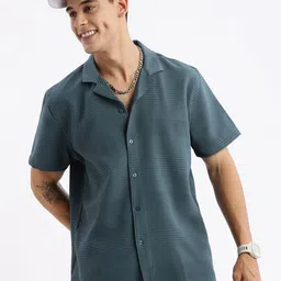SHOWOFF Premium Relaxed Fit Self Design Cuban Collar Cotton Shirt-image-32