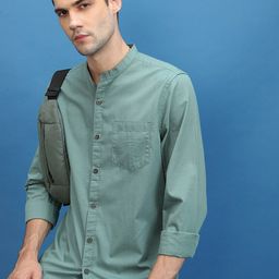 HIGHLANDER Sea Green Slim Fit Mandarin Collar Opaque Cotton Casual Shirt-image-75