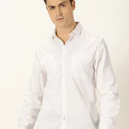 Mast & Harbour White Classic Slim Fit Spread Collar Twill Weave Pure Cotton Casual Shirt-image-66