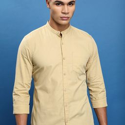 HIGHLANDER Beige Slim Fit Band Collar Cotton Casual Shirt-image-8