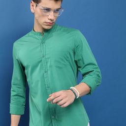 HIGHLANDER Green Slim Fit Band Collar Long Sleeve Pocket Cotton Casual Shirt-image-9