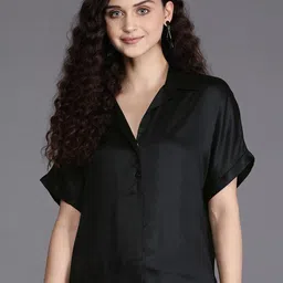 SHAYE Plus Size Spread Collar Comfort Satin Casual Shirt-picture-17