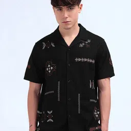 Flying Machine Men Cuban Collar Abstract Printed Cotton Casual Shirt-image-69