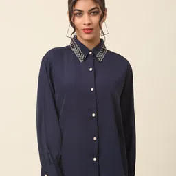 plusS Navy Blue Spread Collar Casual Shirt-image-93