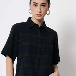 CHARMGAL Women Tartan Checked Crop Casual Shirt-image-7