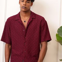 LOCOMOTIVE Men Premium Wine Knitted Textured Cuban Collar Oversized Shirt-image-55