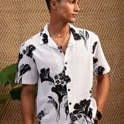 Locomotive Premium Men Popcorn Textured Printed Cuban Collar Oversized Shirt-image-64