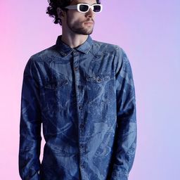 WROGN Blue Slim Fit Abstract Printed Spread Collar Denim Cotton Casual Shirt-image-0