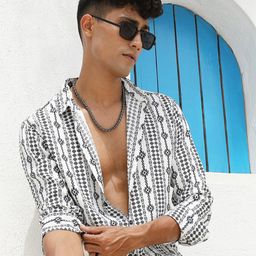 Campus Sutra White & Black Classic Geometric Printed Spread Collar Casual Shirt-image-32