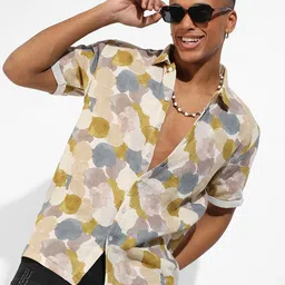Campus Sutra Cream Classic Abstract Printed Cotton Casual Shirt-image-52
