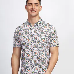 BULLMER Straight Fit Abstract Printed Spread Collar Short Sleeves Casual Shirt-image-81