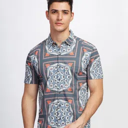 BULLMER Straight Ethnic Motifs Printed Spread Collar Cotton Curved Casual Shirt-image-79