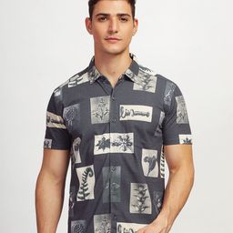 BULLMER Straight Abstract Printed Spread Collar Cotton Curved Casual Shirt-image-92