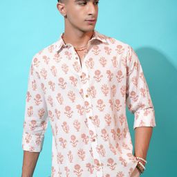 HIGHLANDER Classic Pink Slim Fit Floral Printed Spread Collar Cotton Casual Shirt-image-86