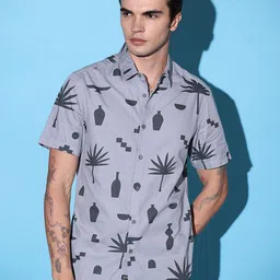 The Indian Garage Co Grey Slim Fit Conversational Printed Cotton Casual Shirt-image-40