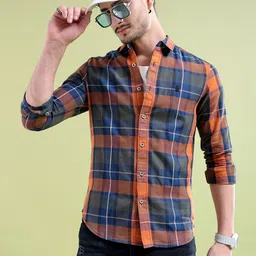 The Indian Garage Co Men Blue & Orange Checked Pure Cotton Casual Shirt-image-90