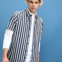 KETCH Navy Blue Slim Fit Opaque Vertical Striped Cotton Casual Shirt-image-28