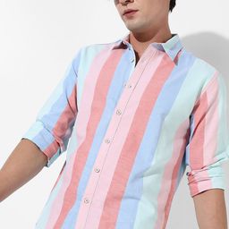 Campus Sutra Blue Classic Striped Cotton Casual Shirt-image-48