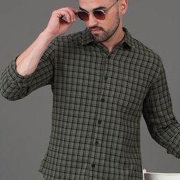 HERE&NOW Green Slim Fit Micro Checks Opaque Casual Shirt-image-84