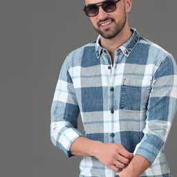HERE&NOW Blue Slim Fit Checked Button-Down Collar Opaque Cotton Casual Shirt-image-10