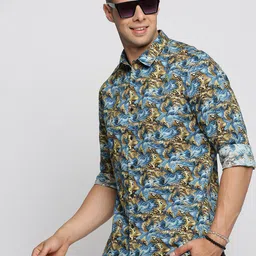 SHOWOFF Men Blue Smart Slim Fit Floral Printed Twill Weave Cotton Casual Shirt-3