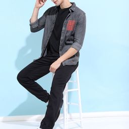HIGHLANDER Men Grey Printed Slim Fit Faded Cotton Denim Casual Shirt-picture-18
