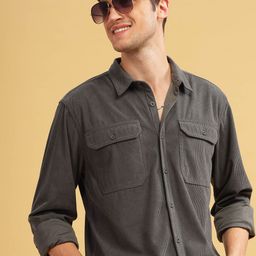 HERE&NOW Grey Spread Collar Curved Casual Shirt-image-3