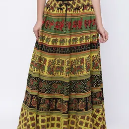 SOUNDARYA Women Lime Green & Red Printed Pure Cotton Maxi Flared Skirt-46