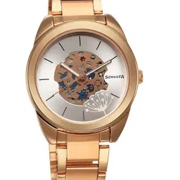 Sonata Women Silver-Toned Brass Skeleton Dial & Stainless Steel Straps Analogue Watch 8182WM01-48