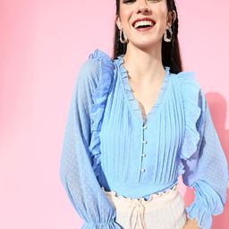 Antheaa Women Blue Self Design Ruffle Detail Top-31
