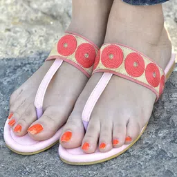 Street Style Store Women Pink & Beige Embroidered T-Strap Flats-image-84