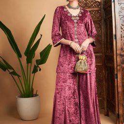 Shae by SASSAFRAS Embroidered Velvet Regular Kurta with Palazzos-34