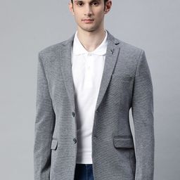 ESSAS club Men Grey Textured Single Breasted Regular Fit Blazer with Lapel Pin-47