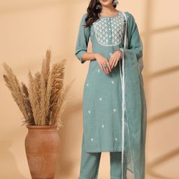 Shangri LA MS Designs Women Ethnic Motifs Embroidered Regular Thread Work Pure Cotton Kurta with Trousers &-image-49