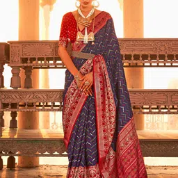 Anouk Navy Blue & Red Ethnic Woven Design Zari Patola Saree-picture-49