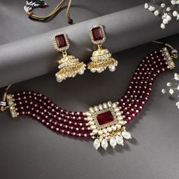 Peora Maroon Gold-Plated Kundan Pearl Studded Choker Necklace Jewellery Set image 1