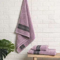 SPACES Aurum Purple & Black 3 Pieces Geometric Self Design Pure Cotton 500 GSM Towel Set-28