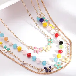 Rubans Voguish 18K Gold Plated Beaded Butterfly Enamel Charm Cuban Link Layered Necklace-31