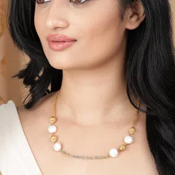 Rubans 22K Gold Plated Necklace with Elegant White Pearl and Gold Ribbed Beads-picture-6
