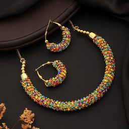 Aadvik Designs Gold-Plated Pearl Studded & Beaded Jewellery Set-image-8